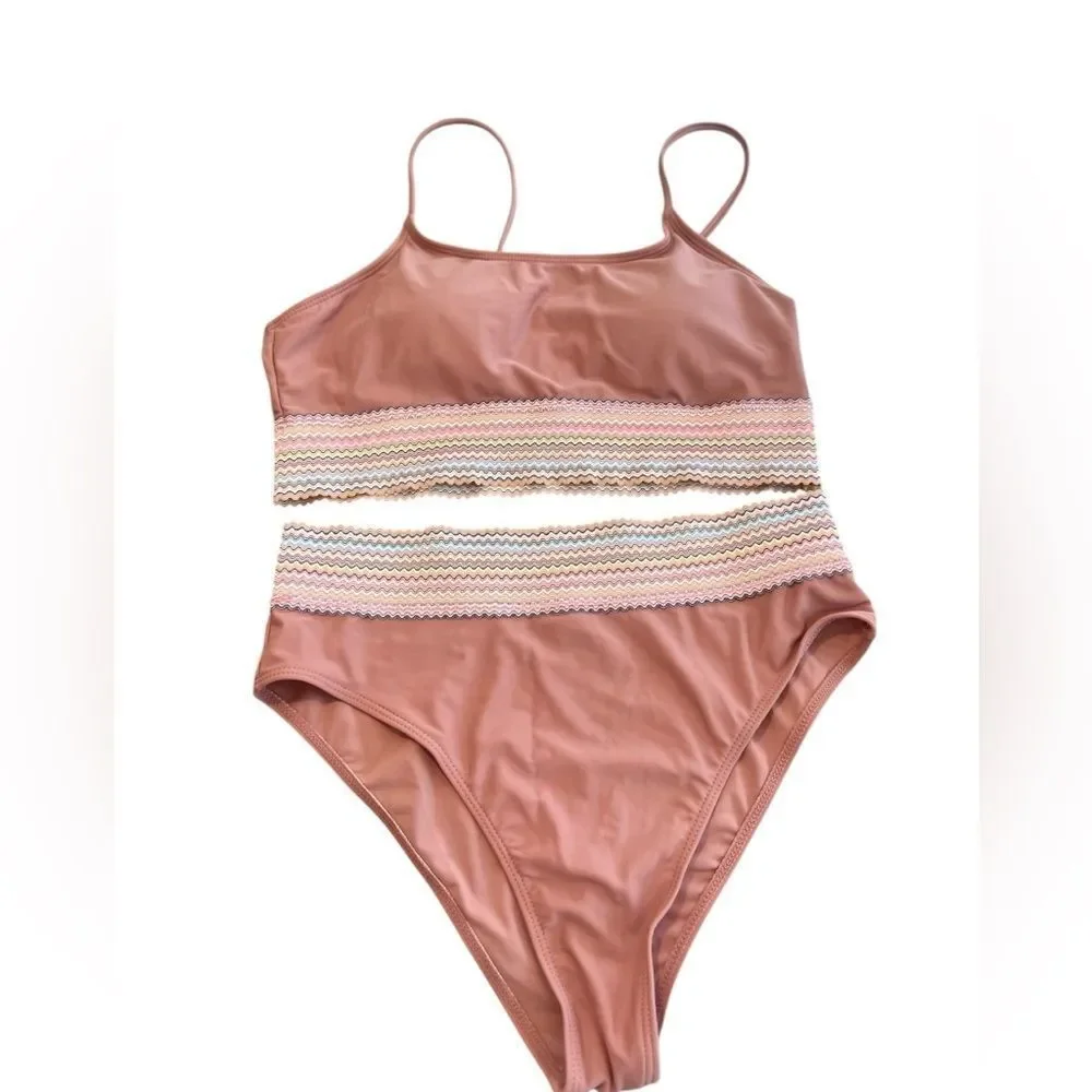 Women’s Dusty Rose Bikini Set | Rainbow Smocked Band | Size Large